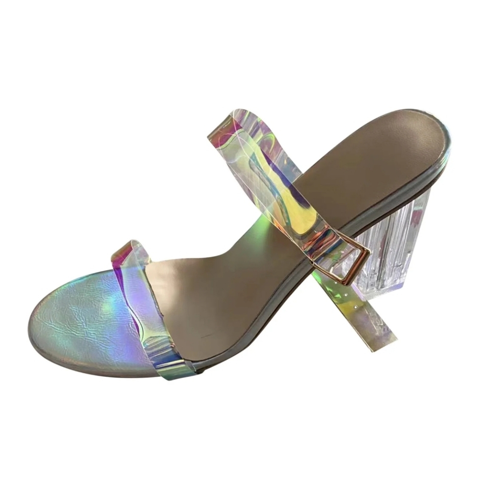 Women's Iridescent Strap Clear Chunky Heels Size 43 UK, 11 US